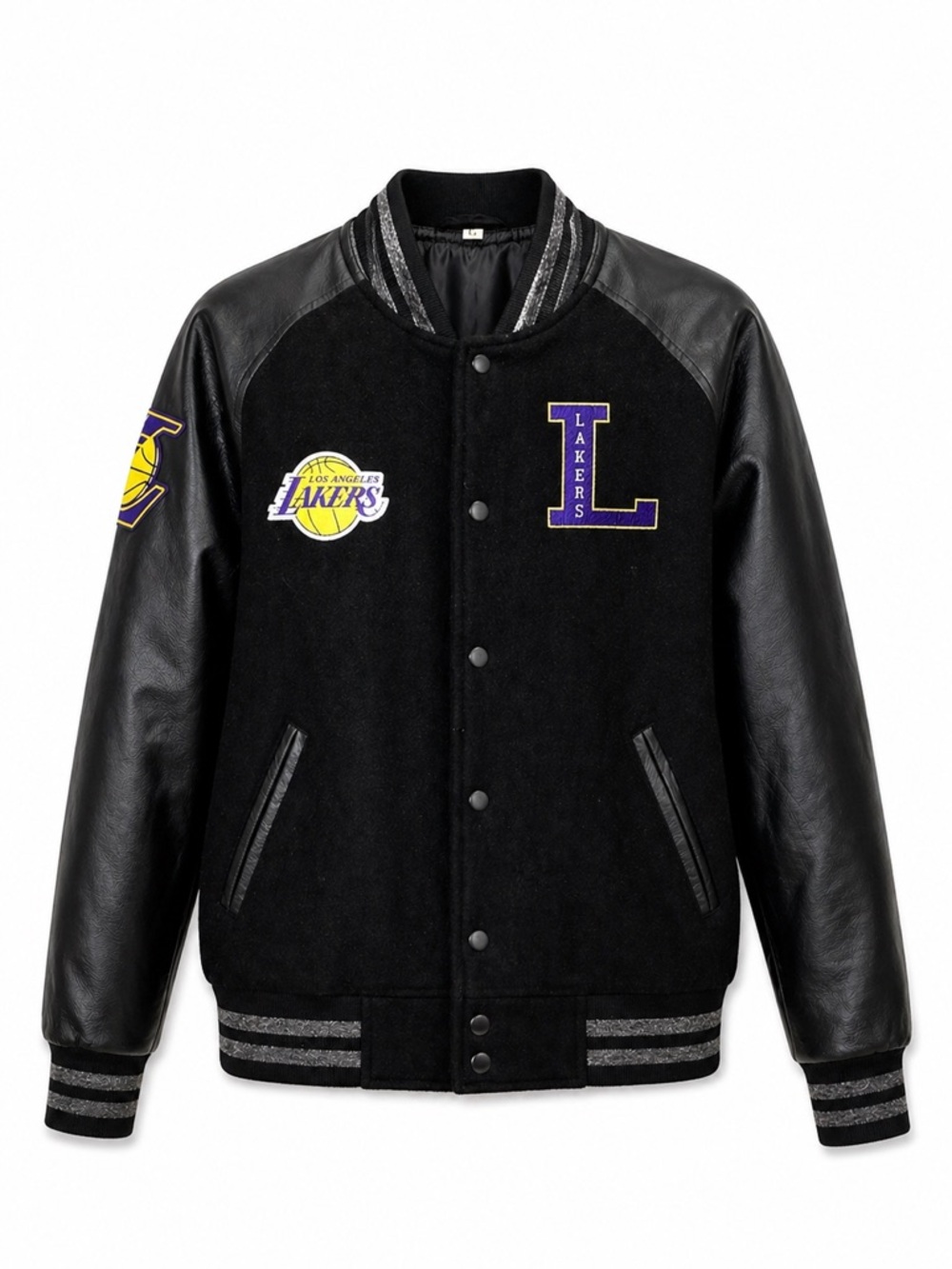 Los Angeles Lakers Varsity Jacket Mens Large Black Faux Leather Sleeves NBA Fan